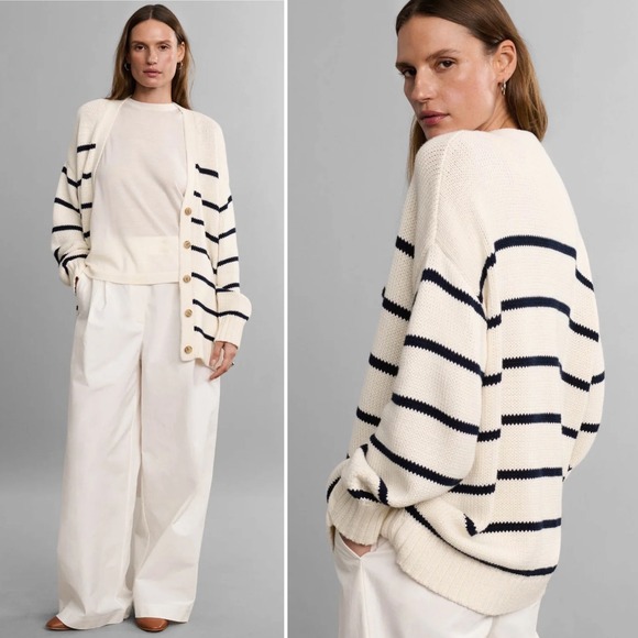 Jenni Kayne Chloe Cardigan Sweater Small cream navy stripe oversized chunky - Picture 2 of 12